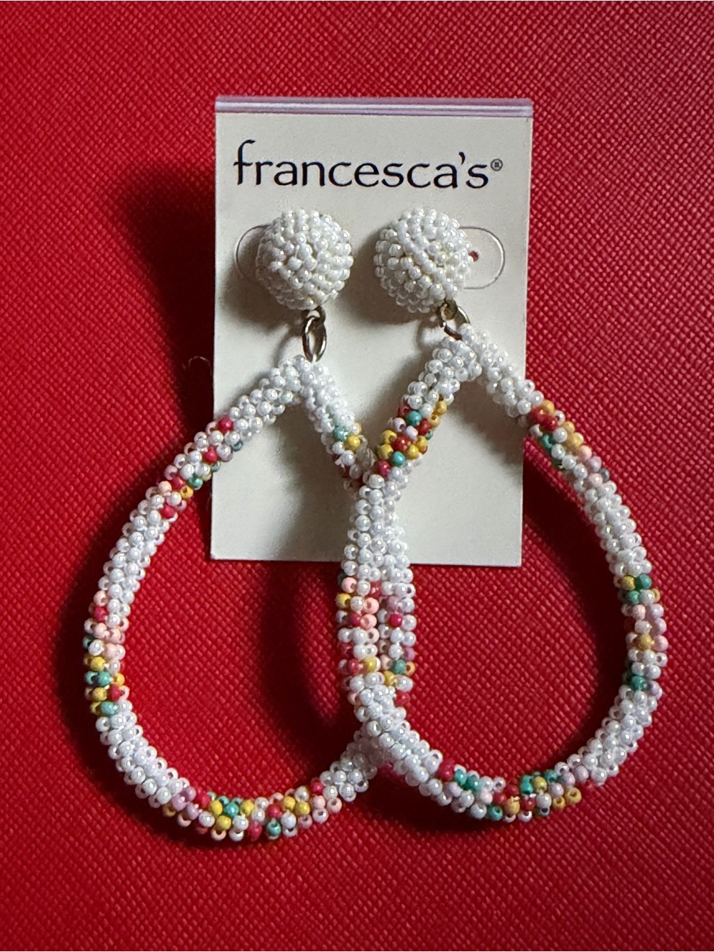 Francesca's Collections White Beaded Hoop Drop Earrings with Multicolor Accents